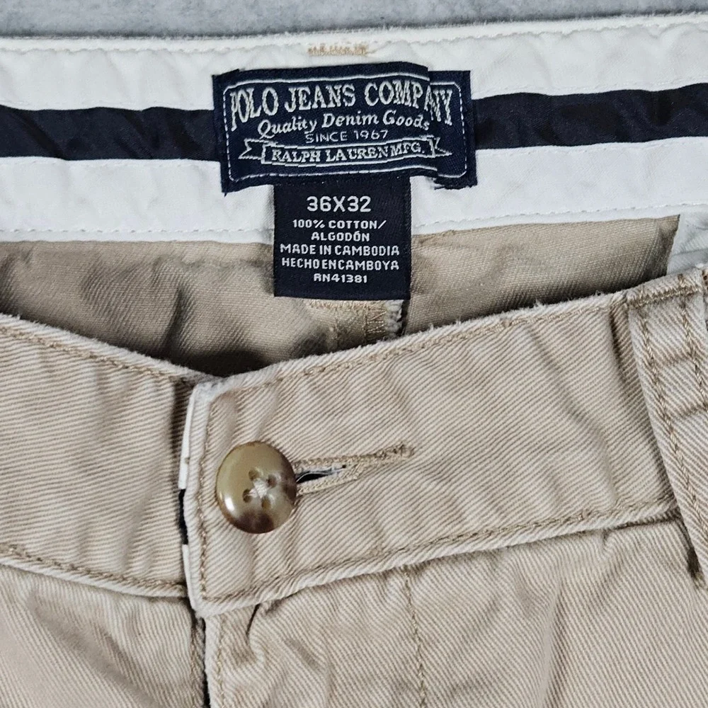 Vintage Polo Jeans Company Mens 36x32 Tan Pants Chino Pleated Khaki (Fits 34x31)